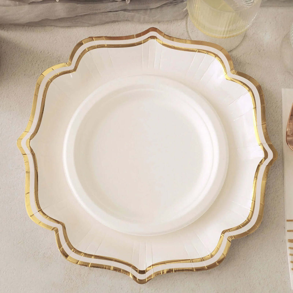 25 - Pack Paper Dinner Plates in White with Gold Scallop Rim - Disposable 300GSM Party Plates for Classy Banquets & Celebrations 10" - Bell Racket Store