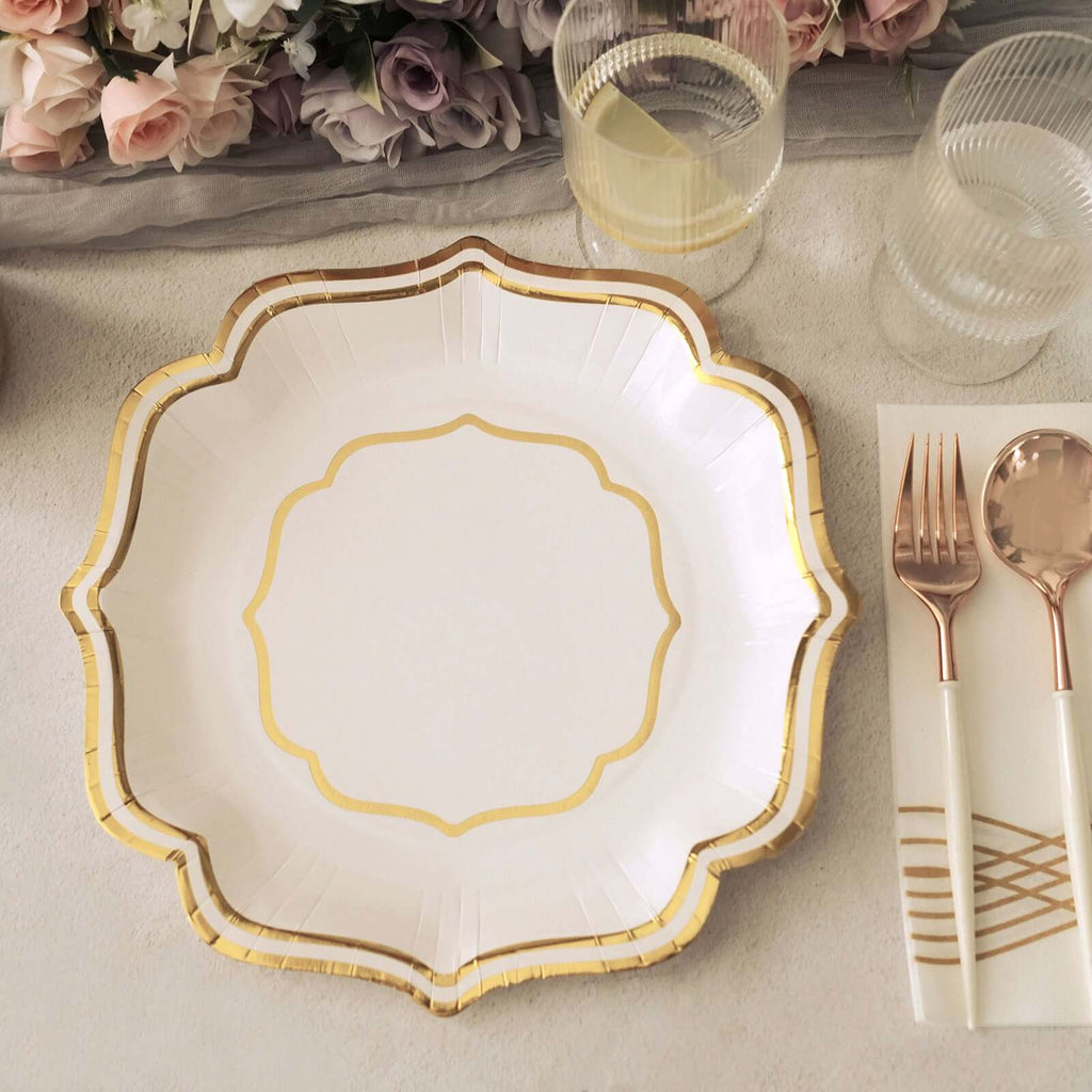 25 - Pack Paper Dinner Plates in White with Gold Scallop Rim - Disposable 300GSM Party Plates for Classy Banquets & Celebrations 10" - Bell Racket Store