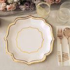 25 - Pack Paper Dinner Plates in White with Gold Scallop Rim - Disposable 300GSM Party Plates for Classy Banquets & Celebrations 10" - Bell Racket Store