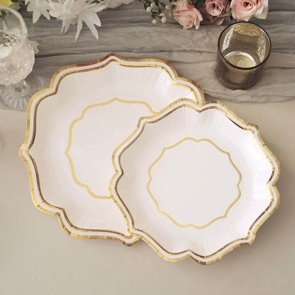 25 - Pack Paper Dinner Plates in White with Gold Scallop Rim - Disposable 300GSM Party Plates for Classy Banquets & Celebrations 10" - Bell Racket Store