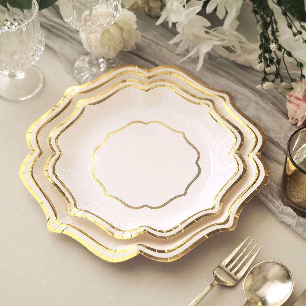 25 - Pack Paper Dinner Plates in White with Gold Scallop Rim - Disposable 300GSM Party Plates for Classy Banquets & Celebrations 10" - Bell Racket Store
