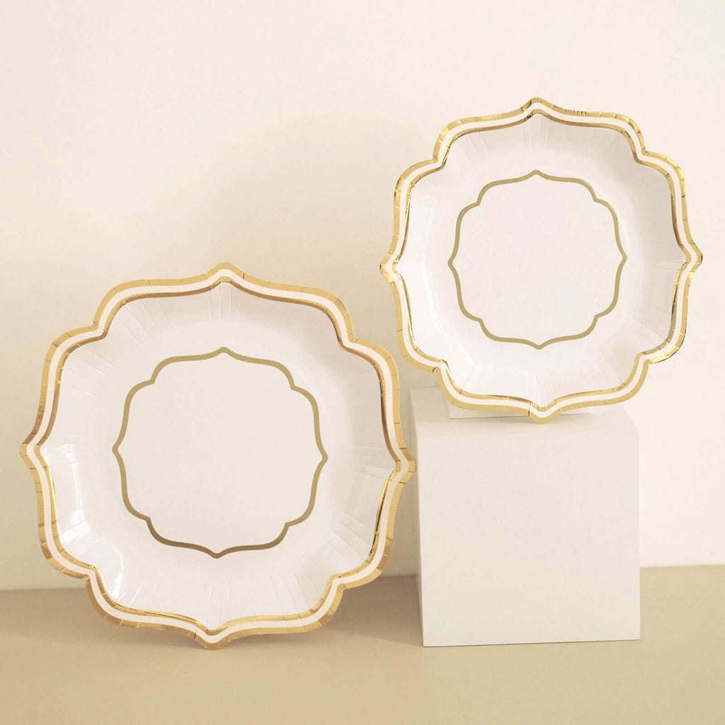 25 - Pack Paper Dinner Plates in White with Gold Scallop Rim - Disposable 300GSM Party Plates for Classy Banquets & Celebrations 10" - Bell Racket Store