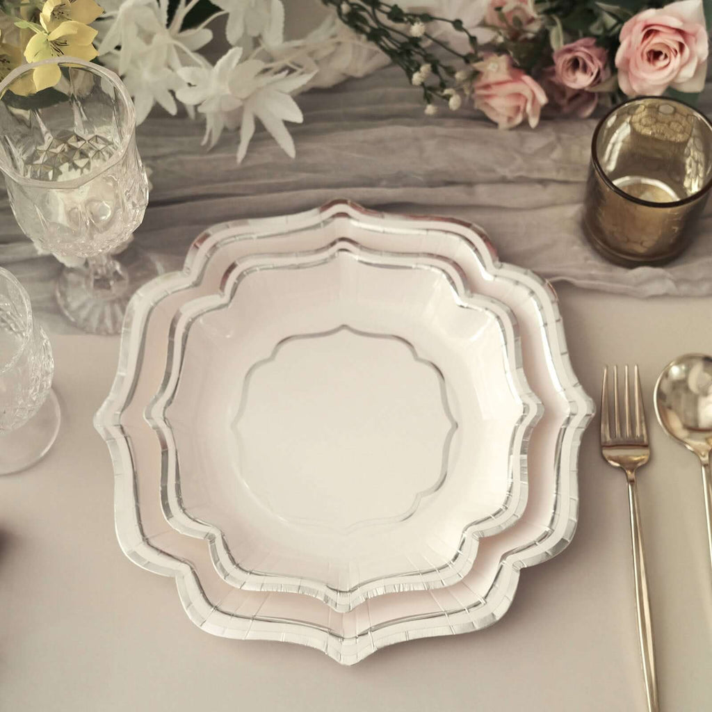 25 - Pack Paper Dinner Plates in White with Silver Scallop Rim - Disposable 300GSM Party Plates 10" - Bell Racket Store