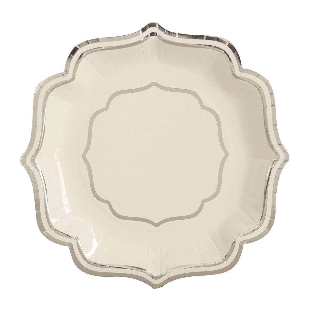 25 - Pack Paper Dinner Plates in White with Silver Scallop Rim - Disposable 300GSM Party Plates 10" - Bell Racket Store