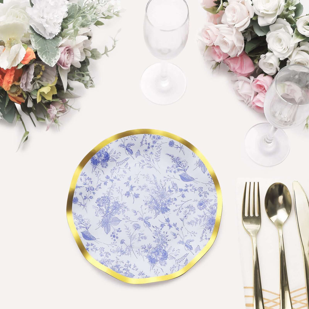 25 - Pack Paper Round Dessert Plates 8" in White with Blue French Toile Pattern & Gold Wavy Rim - Disposable 350GSM Salad Plates - Bell Racket Store