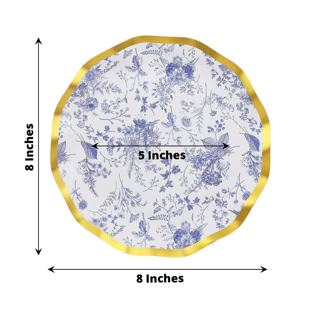 25 - Pack Paper Round Dessert Plates 8" in White with Blue French Toile Pattern & Gold Wavy Rim - Disposable 350GSM Salad Plates - Bell Racket Store