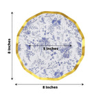 25 - Pack Paper Round Dessert Plates 8" in White with Blue French Toile Pattern & Gold Wavy Rim - Disposable 350GSM Salad Plates - Bell Racket Store
