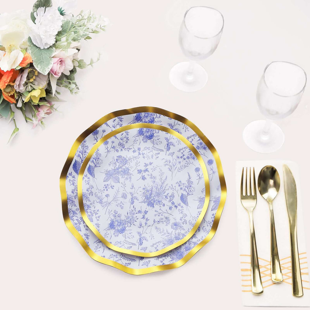 25 - Pack Paper Round Dessert Plates 8" in White with Blue French Toile Pattern & Gold Wavy Rim - Disposable 350GSM Salad Plates - Bell Racket Store