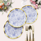 25 - Pack Paper Round Dessert Plates 8" in White with Blue French Toile Pattern & Gold Wavy Rim - Disposable 350GSM Salad Plates - Bell Racket Store