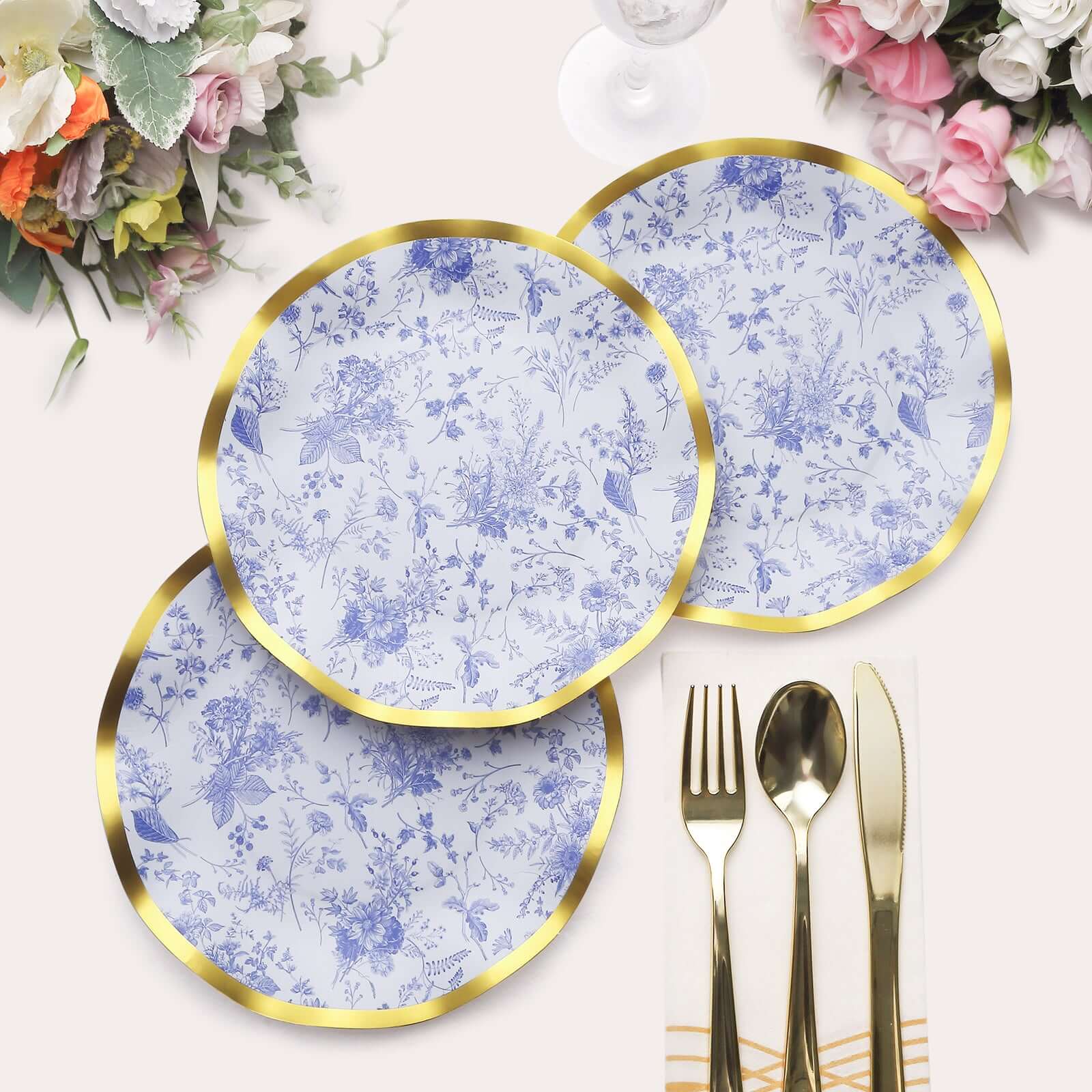 25 - Pack Paper Round Dessert Plates 8" in White with Blue French Toile Pattern & Gold Wavy Rim - Disposable 350GSM Salad Plates - Bell Racket Store
