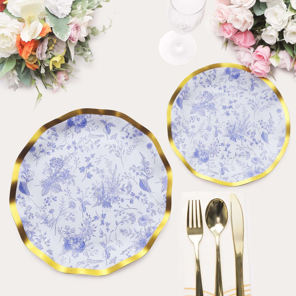 25 - Pack Paper Round Dessert Plates 8" in White with Blue French Toile Pattern & Gold Wavy Rim - Disposable 350GSM Salad Plates - Bell Racket Store