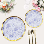25 - Pack Paper Round Dessert Plates 8" in White with Blue French Toile Pattern & Gold Wavy Rim - Disposable 350GSM Salad Plates - Bell Racket Store