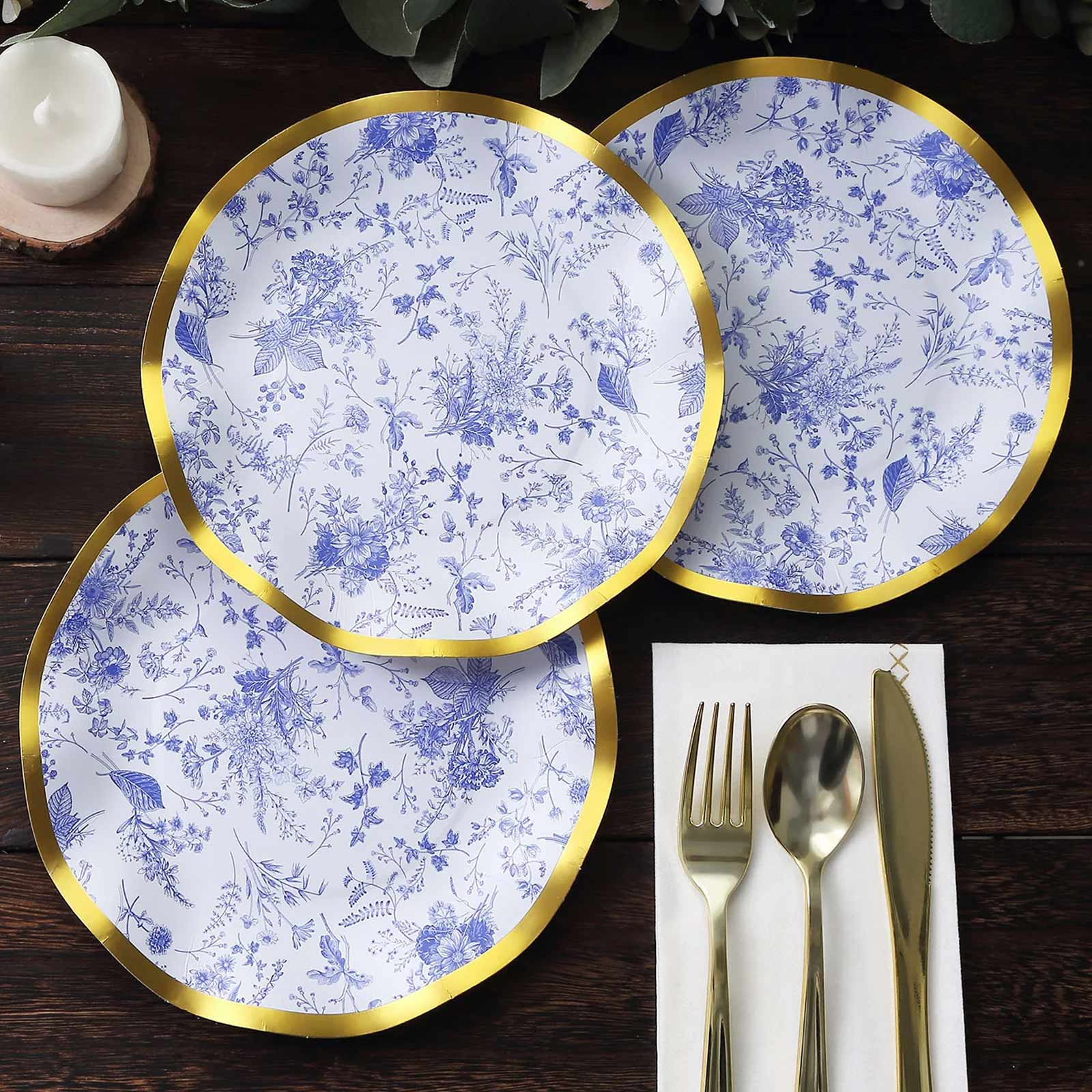 25 - Pack Paper Round Dessert Plates 8" in White with Blue French Toile Pattern & Gold Wavy Rim - Disposable 350GSM Salad Plates - Bell Racket Store