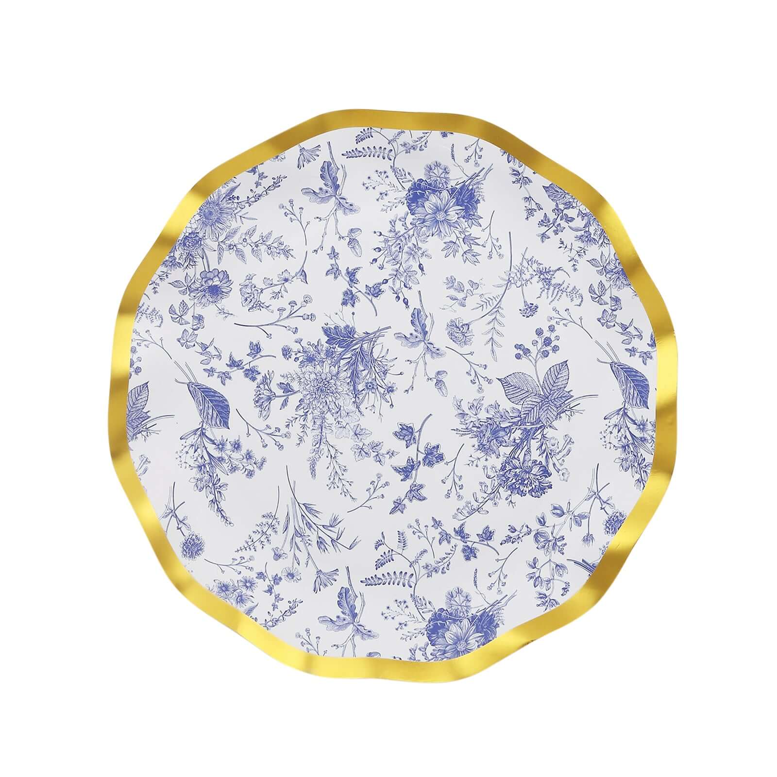 25 - Pack Paper Round Dessert Plates 8" in White with Blue French Toile Pattern & Gold Wavy Rim - Disposable 350GSM Salad Plates - Bell Racket Store
