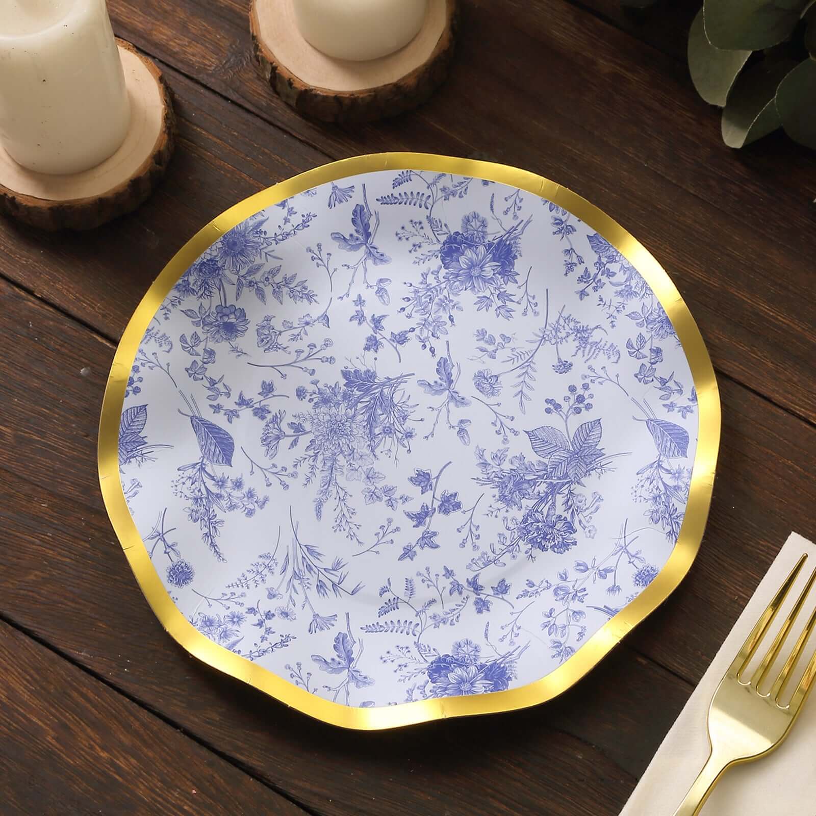 25 - Pack Paper Round Dessert Plates 8" in White with Blue French Toile Pattern & Gold Wavy Rim - Disposable 350GSM Salad Plates - Bell Racket Store