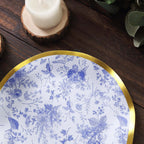 25 - Pack Paper Round Dessert Plates 8" in White with Blue French Toile Pattern & Gold Wavy Rim - Disposable 350GSM Salad Plates - Bell Racket Store
