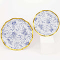 25 - Pack Paper Round Dessert Plates 8" in White with Blue French Toile Pattern & Gold Wavy Rim - Disposable 350GSM Salad Plates - Bell Racket Store