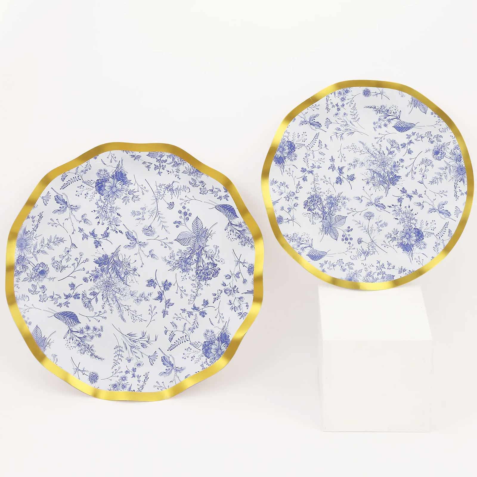 25 - Pack Paper Round Dessert Plates 8" in White with Blue French Toile Pattern & Gold Wavy Rim - Disposable 350GSM Salad Plates - Bell Racket Store