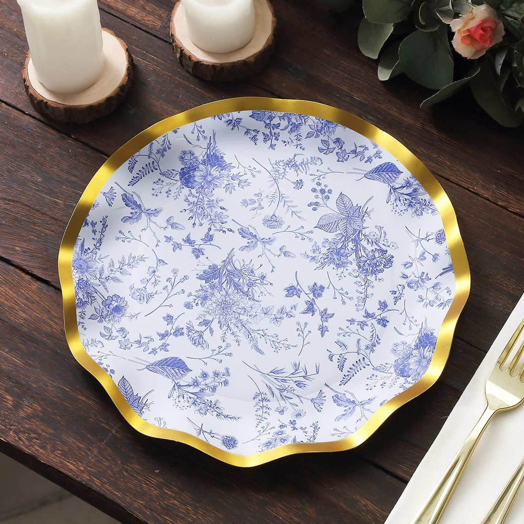 25 - Pack Paper Round Dinner Plates 10" in White with Blue French Toile Pattern & Gold Wavy Rim - Disposable 350GSM Party Plates - Bell Racket Store