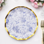 25 - Pack Paper Round Dinner Plates 10" in White with Blue French Toile Pattern & Gold Wavy Rim - Disposable 350GSM Party Plates - Bell Racket Store