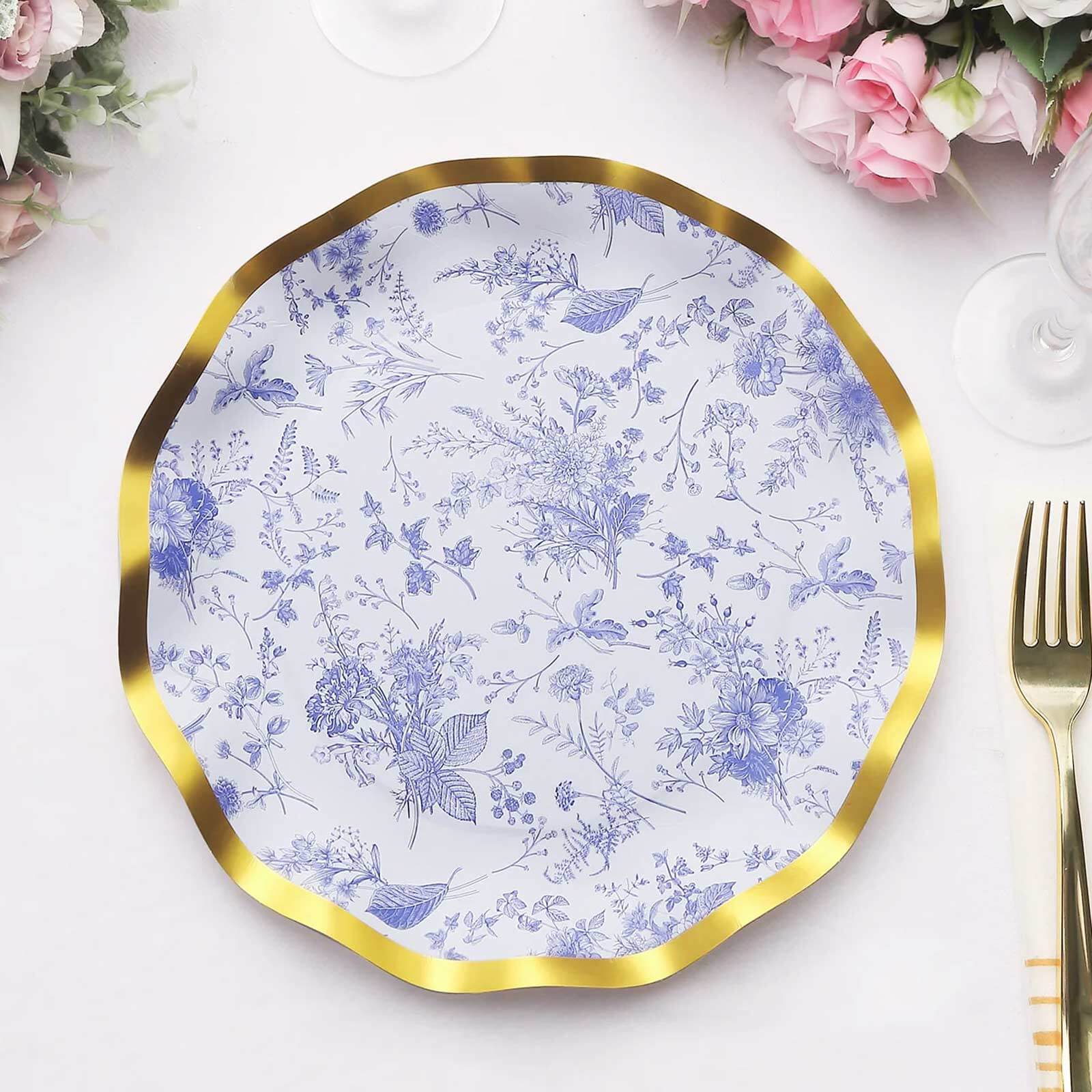 25 - Pack Paper Round Dinner Plates 10" in White with Blue French Toile Pattern & Gold Wavy Rim - Disposable 350GSM Party Plates - Bell Racket Store