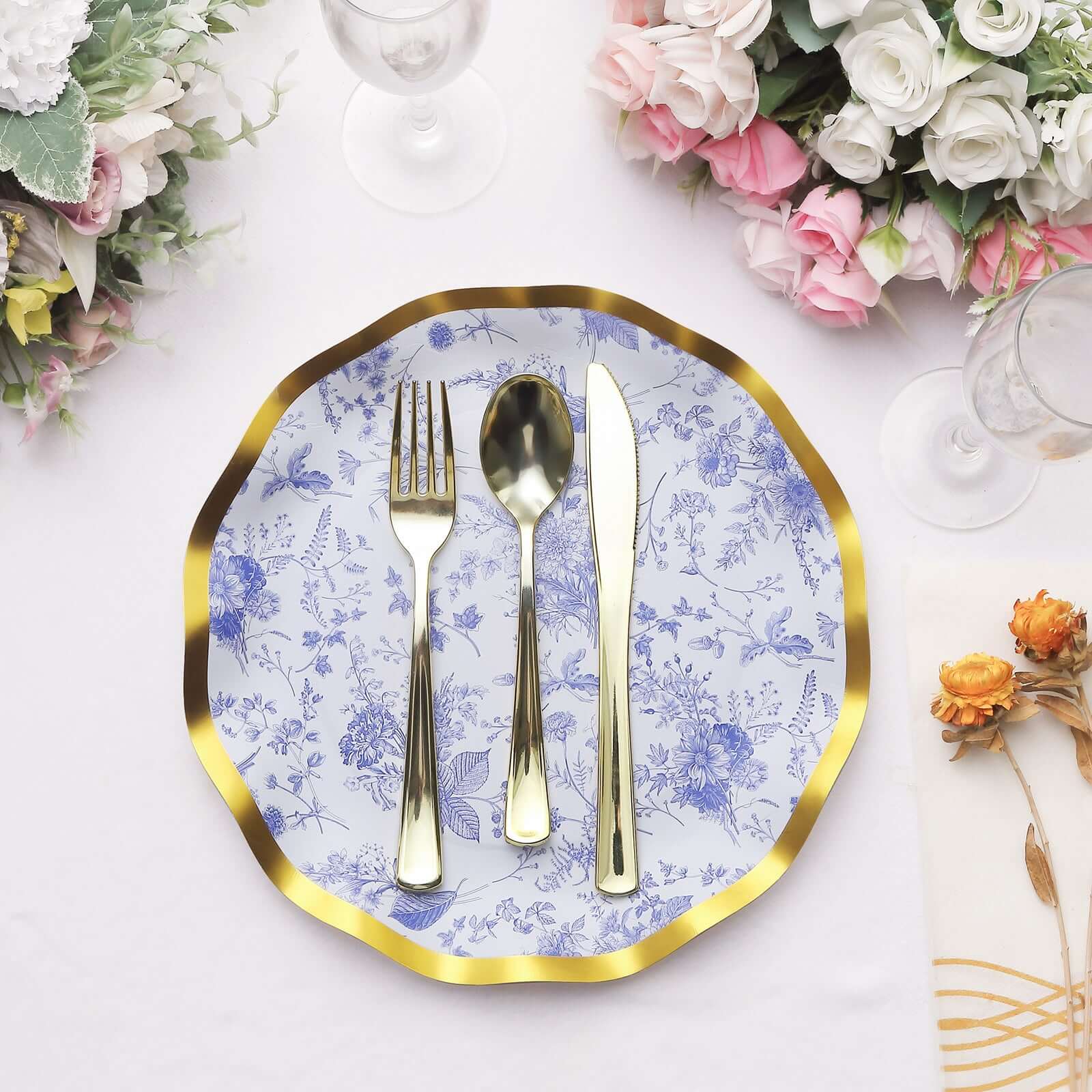 25 - Pack Paper Round Dinner Plates 10" in White with Blue French Toile Pattern & Gold Wavy Rim - Disposable 350GSM Party Plates - Bell Racket Store