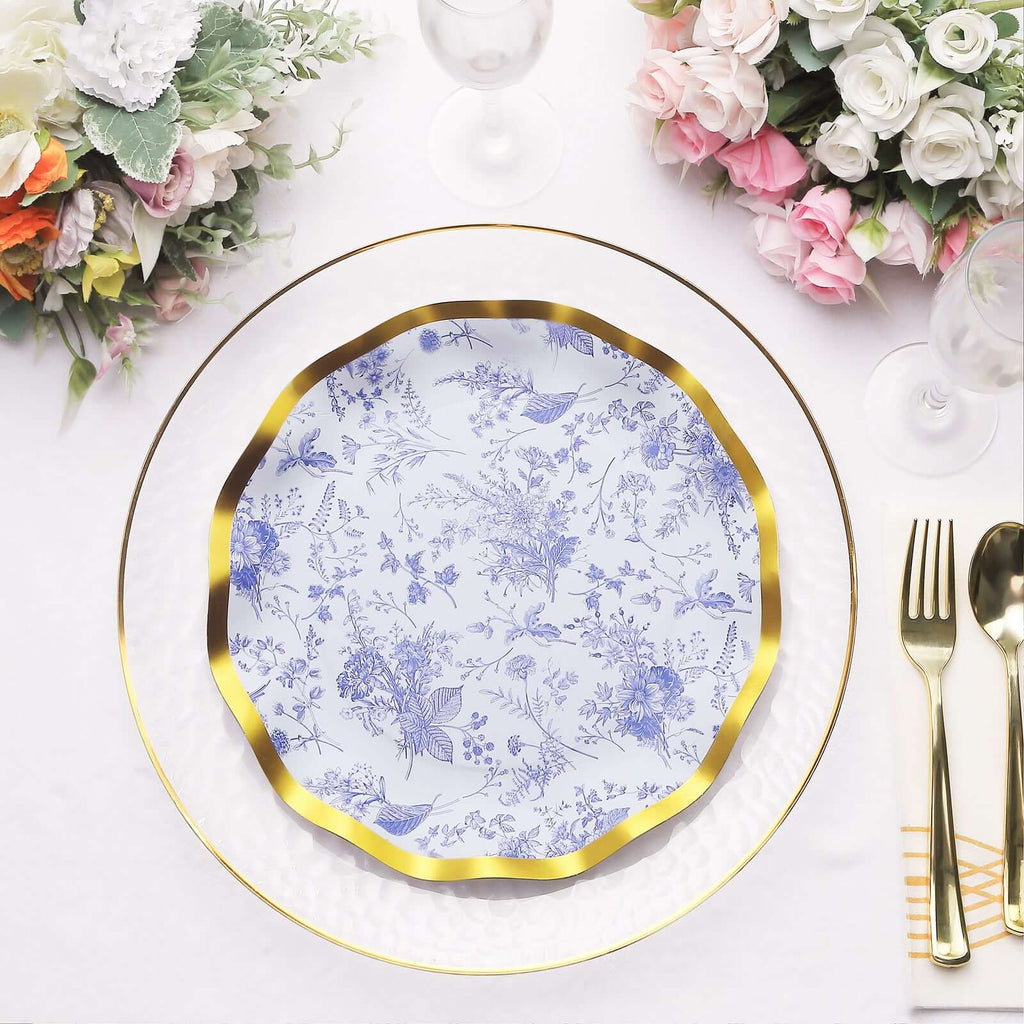 25 - Pack Paper Round Dinner Plates 10" in White with Blue French Toile Pattern & Gold Wavy Rim - Disposable 350GSM Party Plates - Bell Racket Store