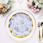 25 - Pack Paper Round Dinner Plates 10" in White with Blue French Toile Pattern & Gold Wavy Rim - Disposable 350GSM Party Plates - Bell Racket Store