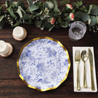 25 - Pack Paper Round Dinner Plates 10" in White with Blue French Toile Pattern & Gold Wavy Rim - Disposable 350GSM Party Plates - Bell Racket Store