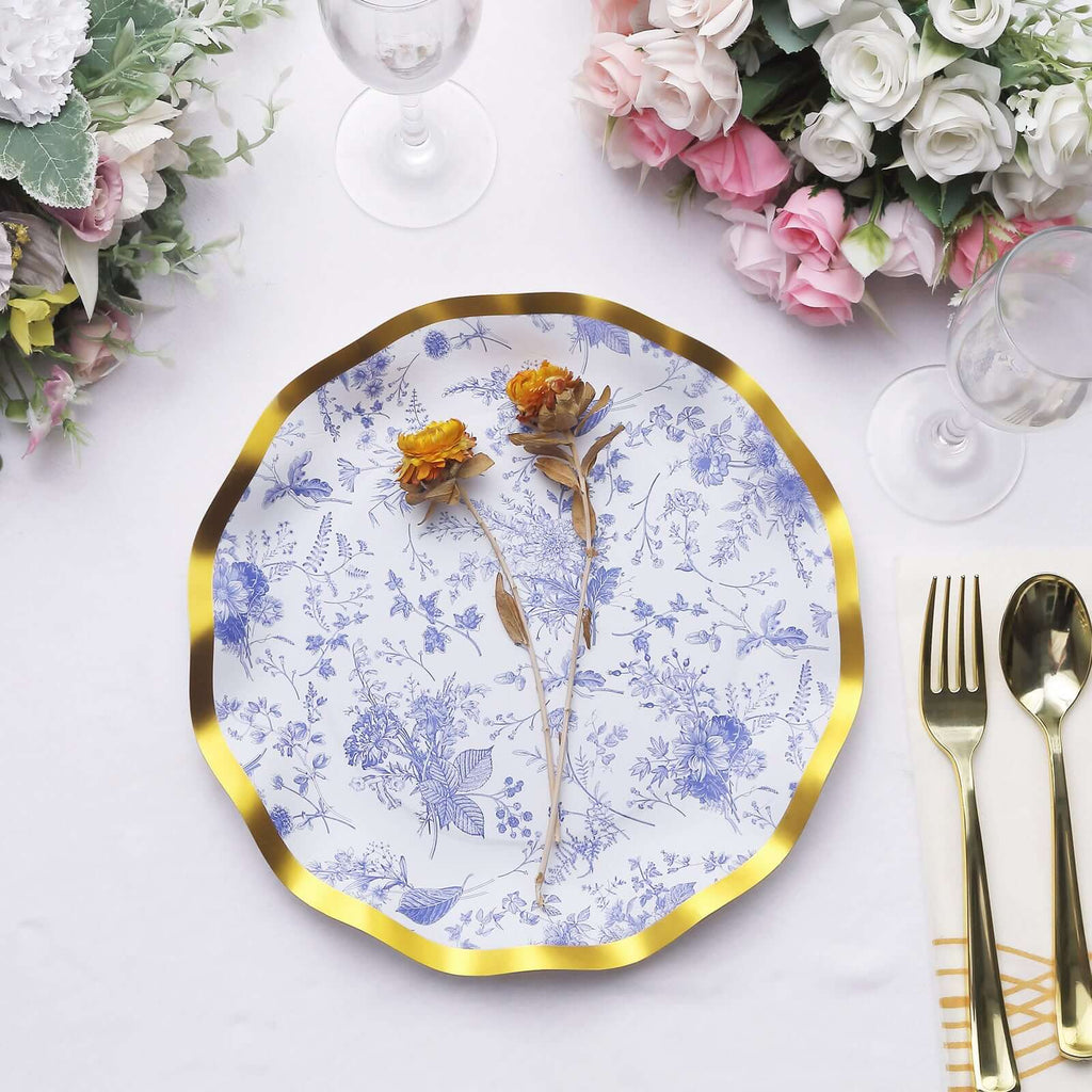 25 - Pack Paper Round Dinner Plates 10" in White with Blue French Toile Pattern & Gold Wavy Rim - Disposable 350GSM Party Plates - Bell Racket Store