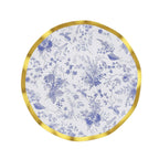 25 - Pack Paper Round Dinner Plates 10" in White with Blue French Toile Pattern & Gold Wavy Rim - Disposable 350GSM Party Plates - Bell Racket Store