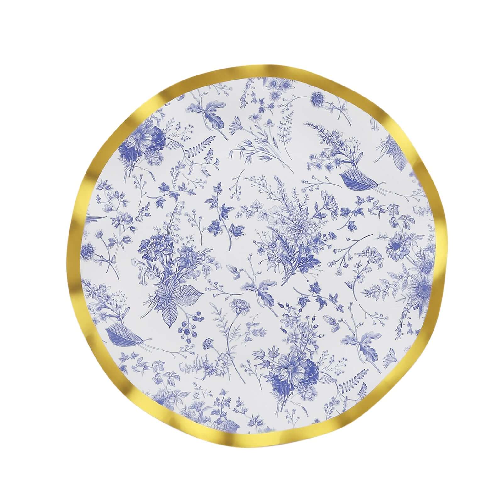 25 - Pack Paper Round Dinner Plates 10" in White with Blue French Toile Pattern & Gold Wavy Rim - Disposable 350GSM Party Plates - Bell Racket Store