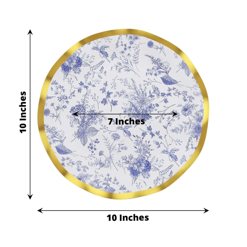 25 - Pack Paper Round Dinner Plates 10" in White with Blue French Toile Pattern & Gold Wavy Rim - Disposable 350GSM Party Plates - Bell Racket Store