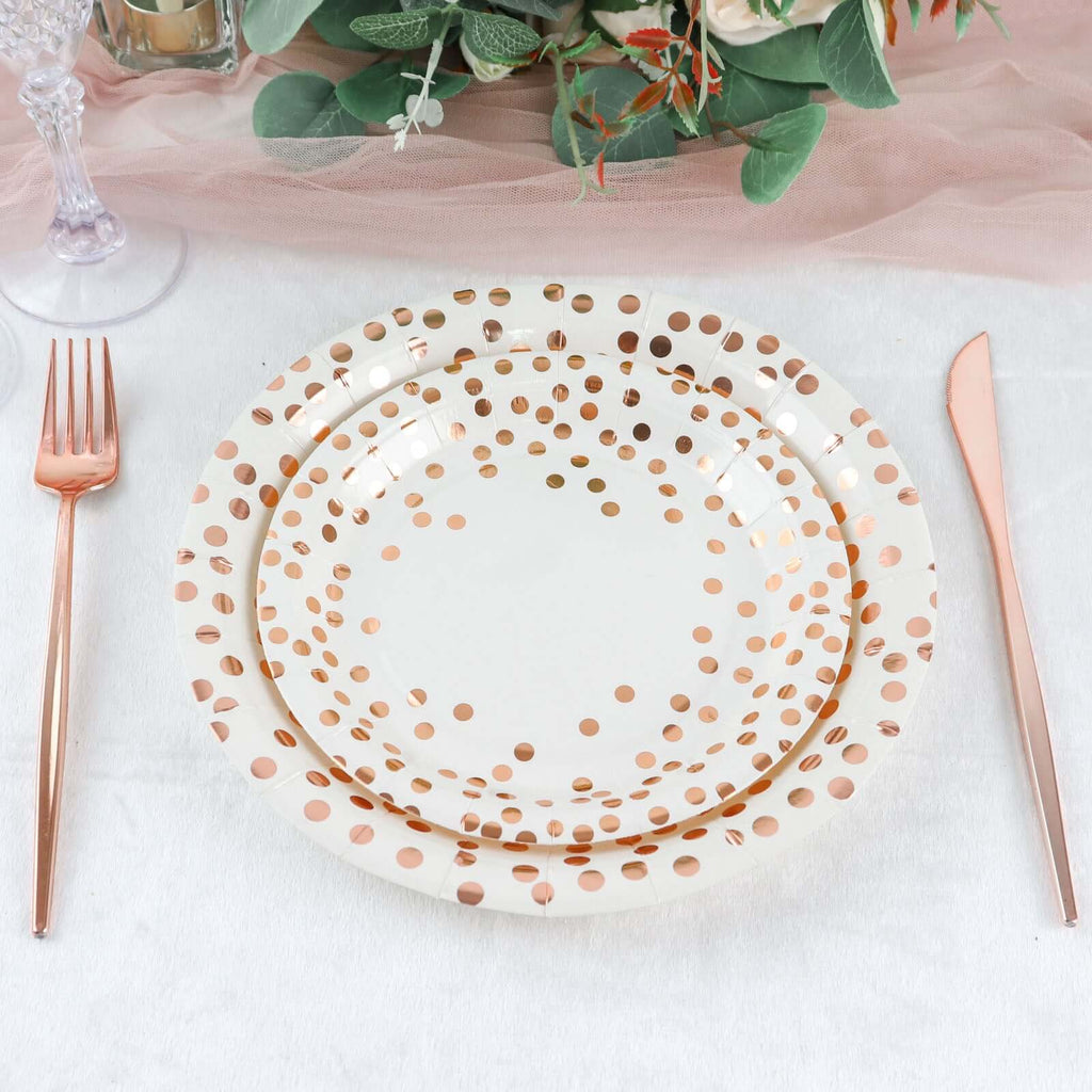 25 - Pack Paper Round Dinner Plates 9" White with Metallic Rose Gold Polka Dots - Disposable 300GSM Party Plates for Banquets & Celebrations - Bell Racket Store