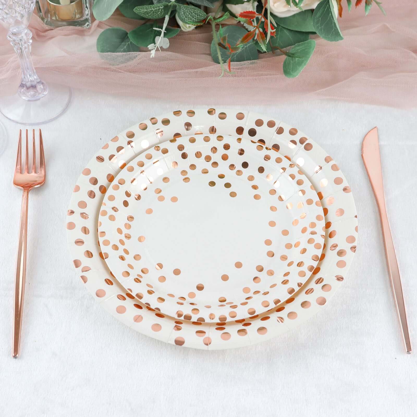 25 - Pack Paper Round Dinner Plates 9" White with Metallic Rose Gold Polka Dots - Disposable 300GSM Party Plates for Banquets & Celebrations - Bell Racket Store