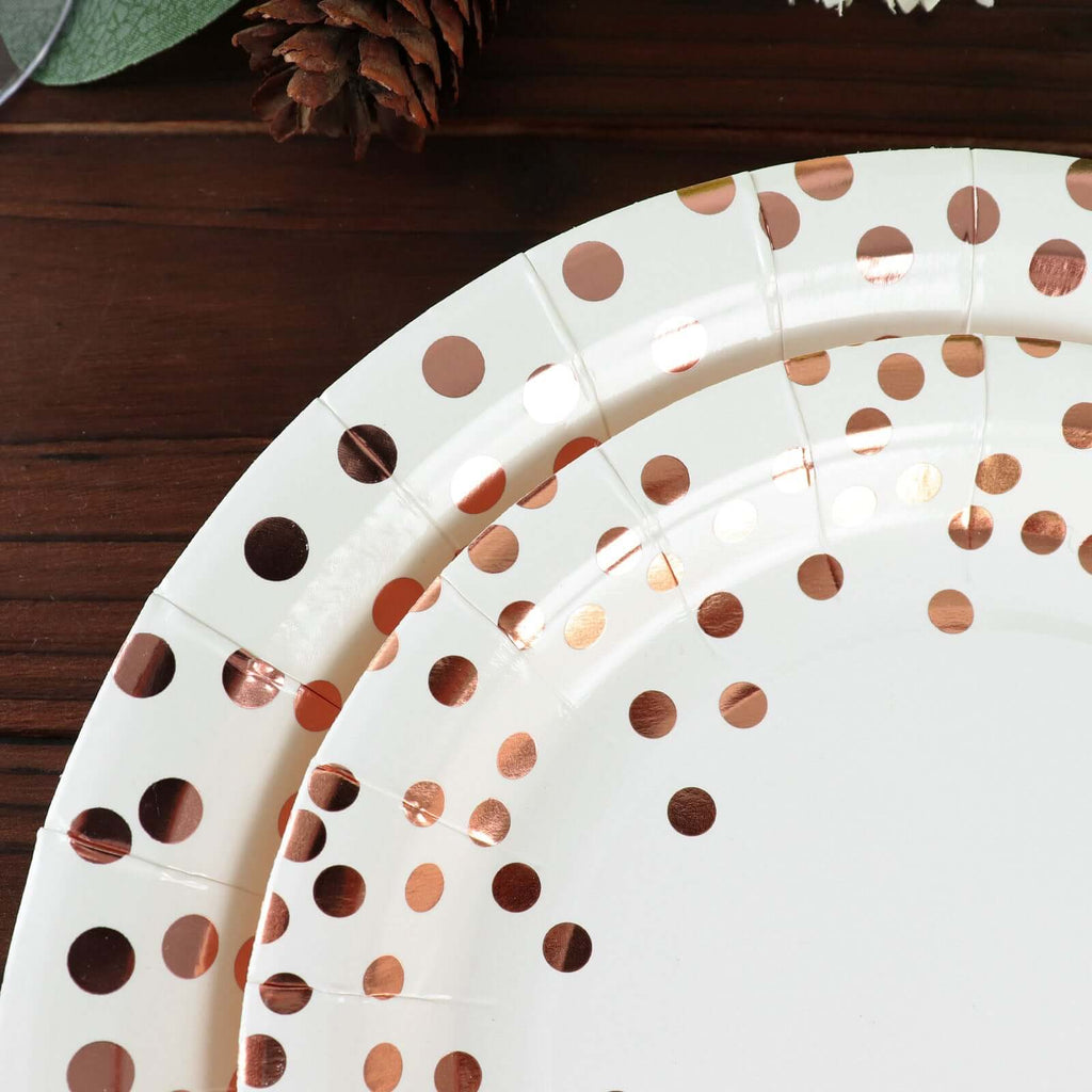 25 - Pack Paper Round Dinner Plates 9" White with Metallic Rose Gold Polka Dots - Disposable 300GSM Party Plates for Banquets & Celebrations - Bell Racket Store