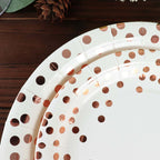 25 - Pack Paper Round Dinner Plates 9" White with Metallic Rose Gold Polka Dots - Disposable 300GSM Party Plates for Banquets & Celebrations - Bell Racket Store