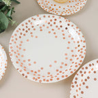 25 - Pack Paper Round Dinner Plates 9" White with Metallic Rose Gold Polka Dots - Disposable 300GSM Party Plates for Banquets & Celebrations - Bell Racket Store