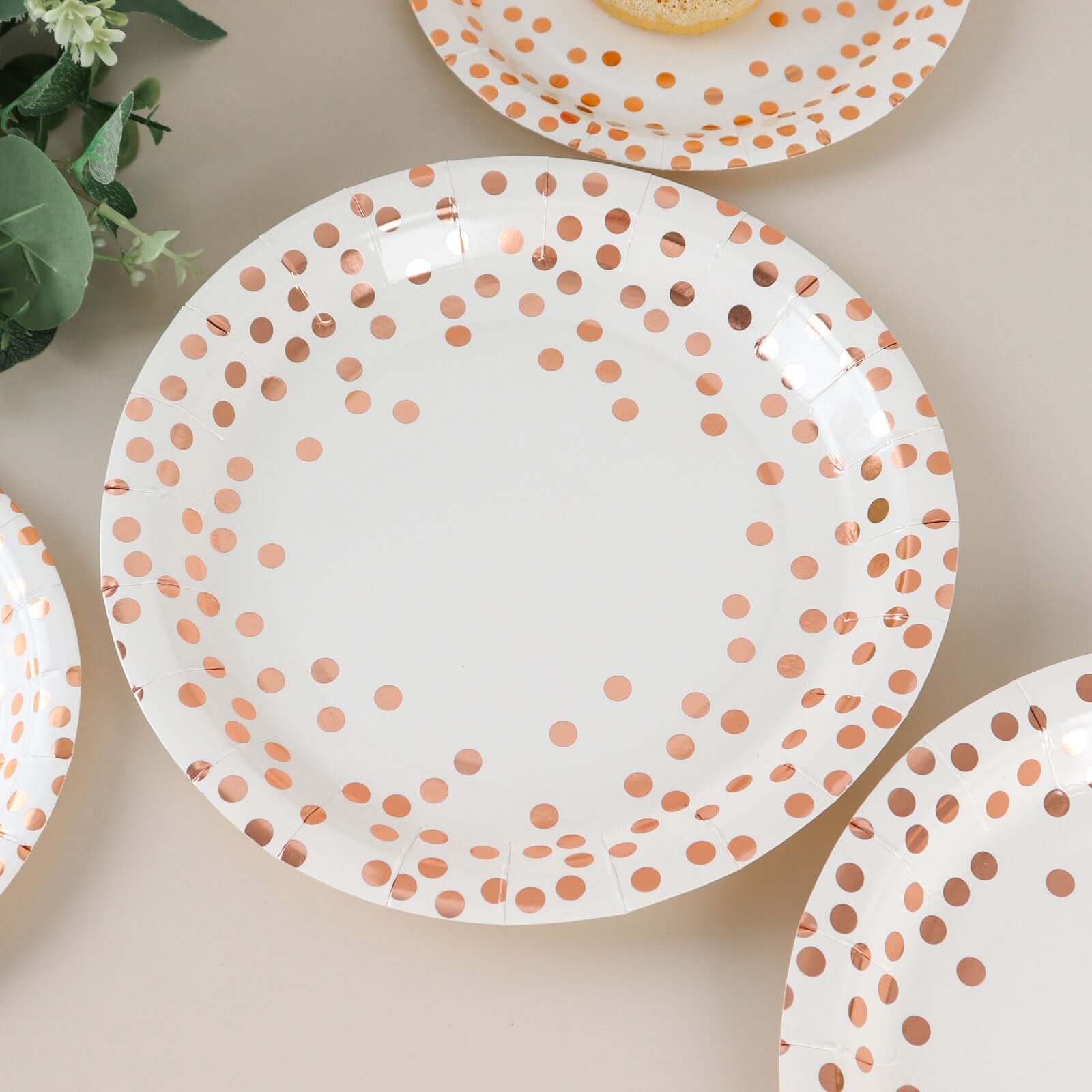 25 - Pack Paper Round Dinner Plates 9" White with Metallic Rose Gold Polka Dots - Disposable 300GSM Party Plates for Banquets & Celebrations - Bell Racket Store