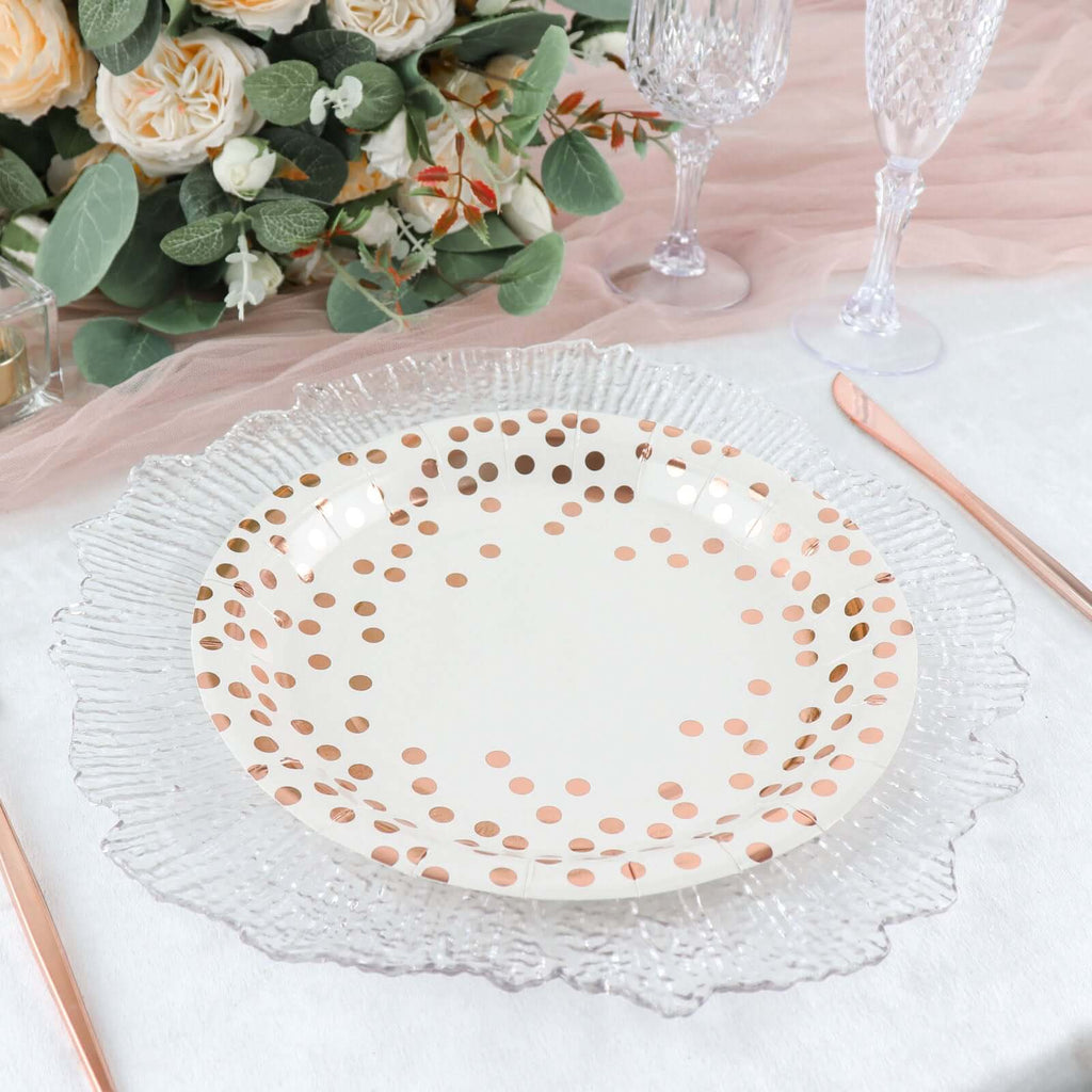 25 - Pack Paper Round Dinner Plates 9" White with Metallic Rose Gold Polka Dots - Disposable 300GSM Party Plates for Banquets & Celebrations - Bell Racket Store