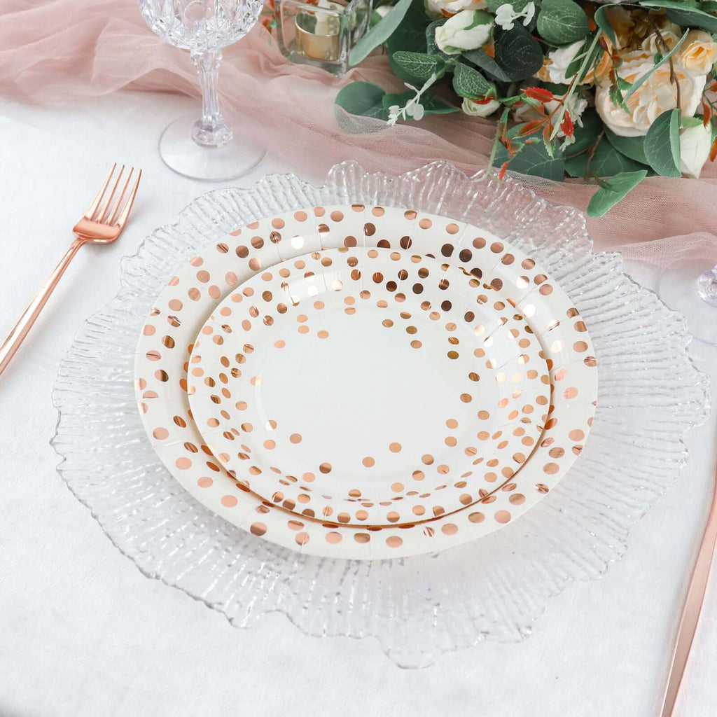 25 - Pack Paper Round Dinner Plates 9" White with Metallic Rose Gold Polka Dots - Disposable 300GSM Party Plates for Banquets & Celebrations - Bell Racket Store