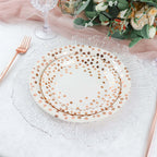 25 - Pack Paper Round Dinner Plates 9" White with Metallic Rose Gold Polka Dots - Disposable 300GSM Party Plates for Banquets & Celebrations - Bell Racket Store