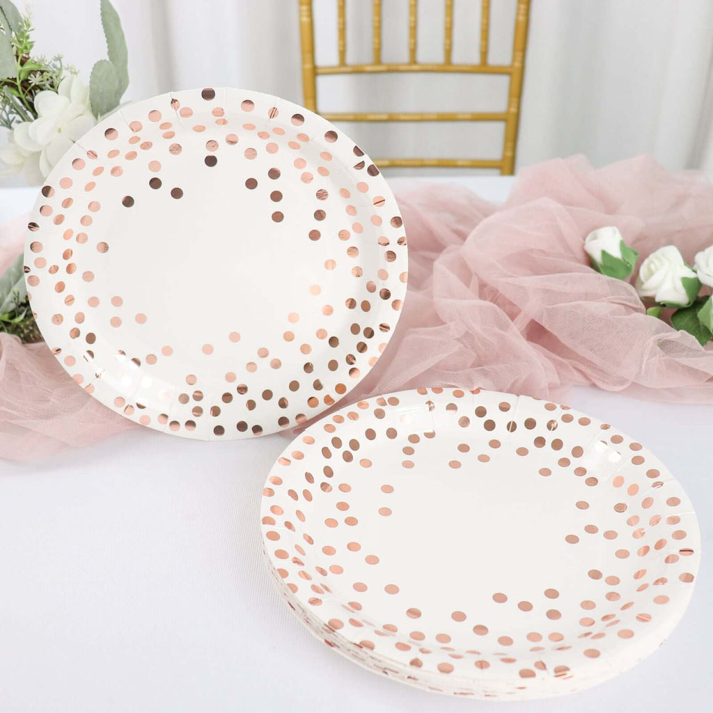 25 - Pack Paper Round Dinner Plates 9" White with Metallic Rose Gold Polka Dots - Disposable 300GSM Party Plates for Banquets & Celebrations - Bell Racket Store