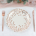 25 - Pack Paper Round Dinner Plates 9" White with Metallic Rose Gold Polka Dots - Disposable 300GSM Party Plates for Banquets & Celebrations - Bell Racket Store