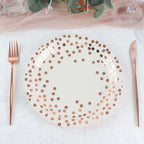 25 - Pack Paper Round Dinner Plates 9" White with Metallic Rose Gold Polka Dots - Disposable 300GSM Party Plates for Banquets & Celebrations - Bell Racket Store
