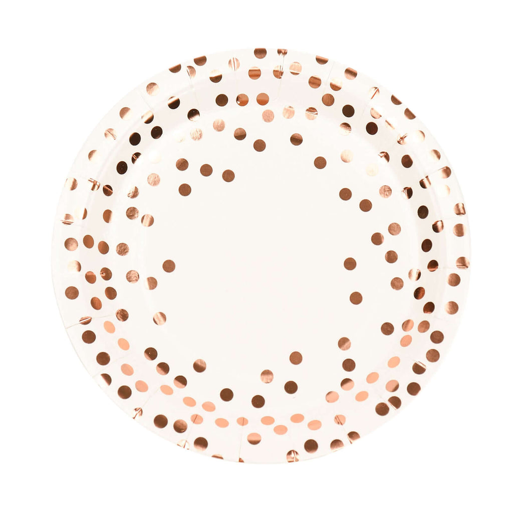 25 - Pack Paper Round Dinner Plates 9" White with Metallic Rose Gold Polka Dots - Disposable 300GSM Party Plates for Banquets & Celebrations - Bell Racket Store