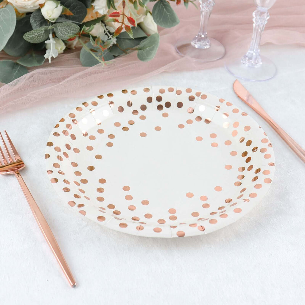 25 - Pack Paper Round Dinner Plates 9" White with Metallic Rose Gold Polka Dots - Disposable 300GSM Party Plates for Banquets & Celebrations - Bell Racket Store