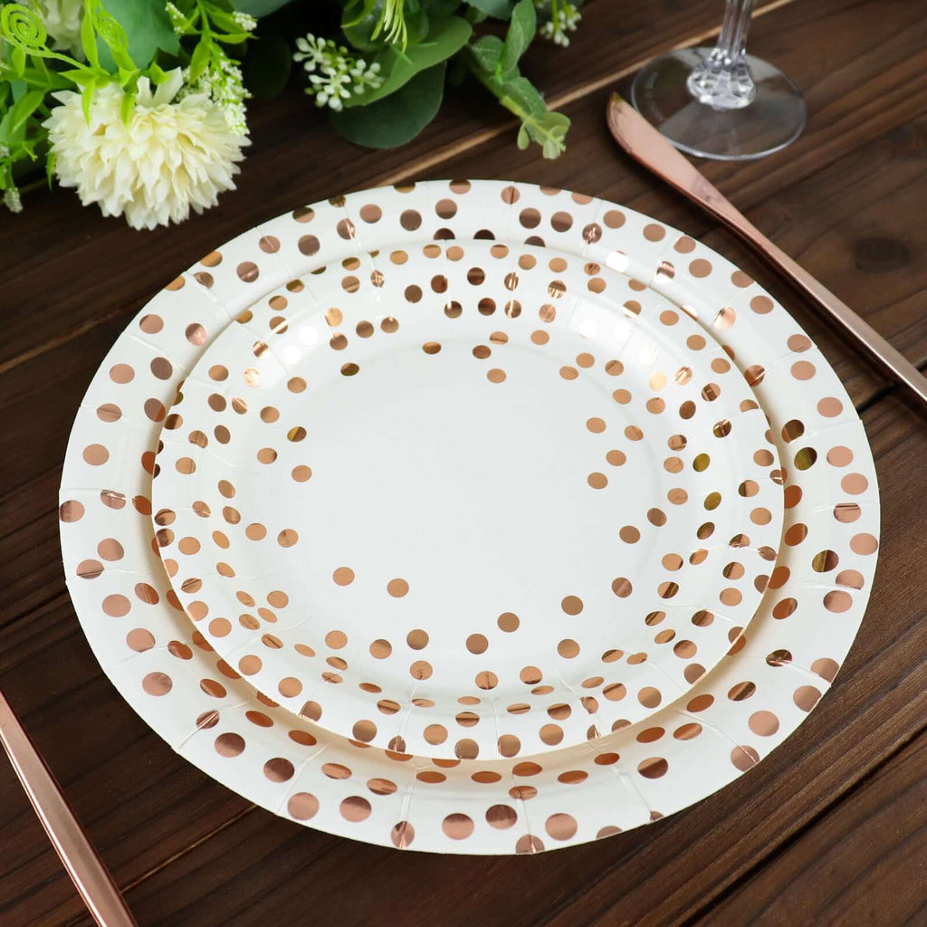 25 - Pack Paper Round Dinner Plates 9" White with Metallic Rose Gold Polka Dots - Disposable 300GSM Party Plates for Banquets & Celebrations - Bell Racket Store