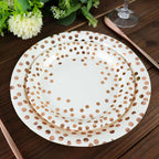 25 - Pack Paper Round Dinner Plates 9" White with Metallic Rose Gold Polka Dots - Disposable 300GSM Party Plates for Banquets & Celebrations - Bell Racket Store