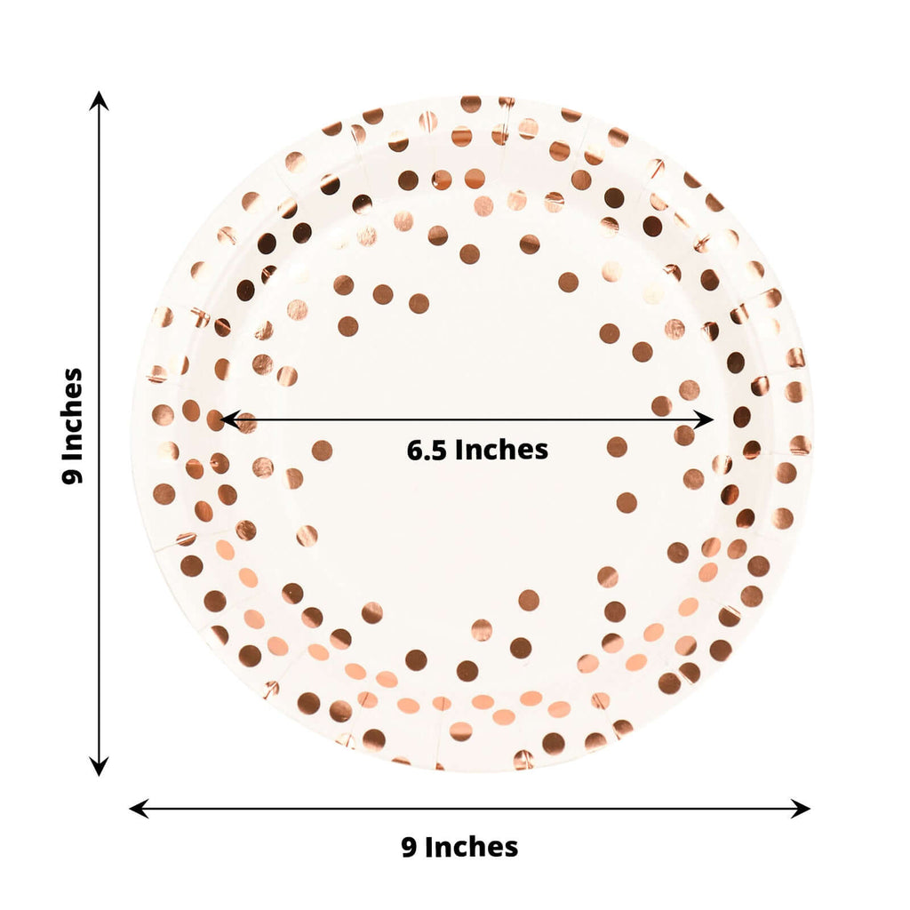 25 - Pack Paper Round Dinner Plates 9" White with Metallic Rose Gold Polka Dots - Disposable 300GSM Party Plates for Banquets & Celebrations - Bell Racket Store